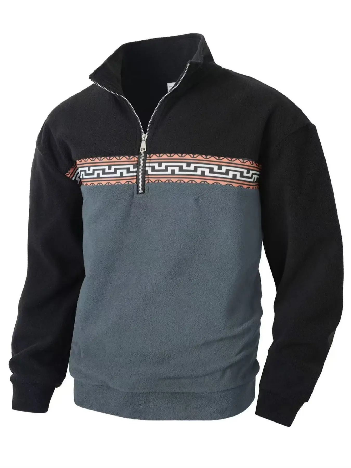 Ethnic style fall outfits men 's half-zipper stand-up collar long-sleeved hoodie, autumn and winter color-blocking polar fleece top, casual and warm retro trendy pullover, easily switch between daily casual, home and outdoor scenes