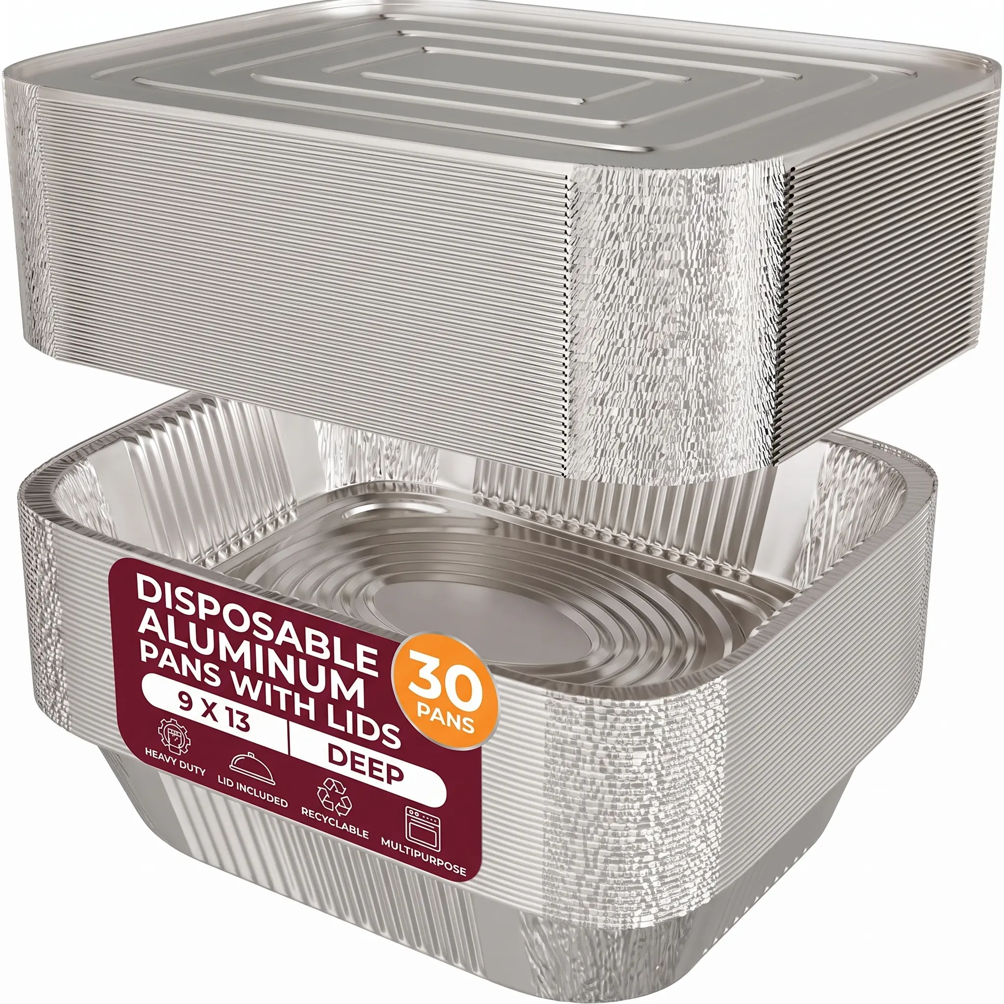 30 Pack 9x13 Aluminum Pans with Lids, Disposable Half Size Foil Pans | Heavy Duty Aluminum Foil Pans for Baking,Roasting, Meal Prep, Food Storage, Parties, Catering - Oven, Freezer & Grill Safe