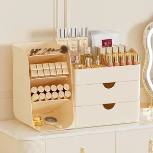 Makeup Organizer with Drawers,Large Capacity Countertop Organizer for Vanity,Bathroom and Bedroom Desk Cosmetics Organizer,Easy To Storage Skincare,Brushes, Eyeshadow,Lipstick (All Cream, Large)
