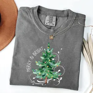Merry and Bright, Christmas Tree with ornaments, Swirls, Santa, Winter, Xmas Tshirt, Christmas Comfort Colors Tshirt, Women's Graphic Tee, Xmas, Santa, Winter, Snow