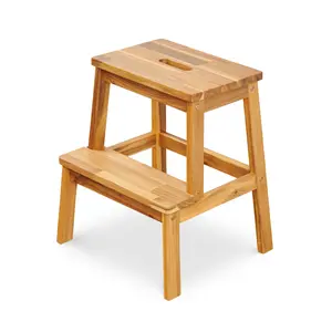 2-Step Wooden Stool, Solid Acacia Wood Step Stool for Adults and Kids, 19.6 Inches Tall, 350 lbs Capacity, Bathroom Bench, Kitchen or Closet Climbing Chair, Indoor and Outdoor Use, Easy Assembly