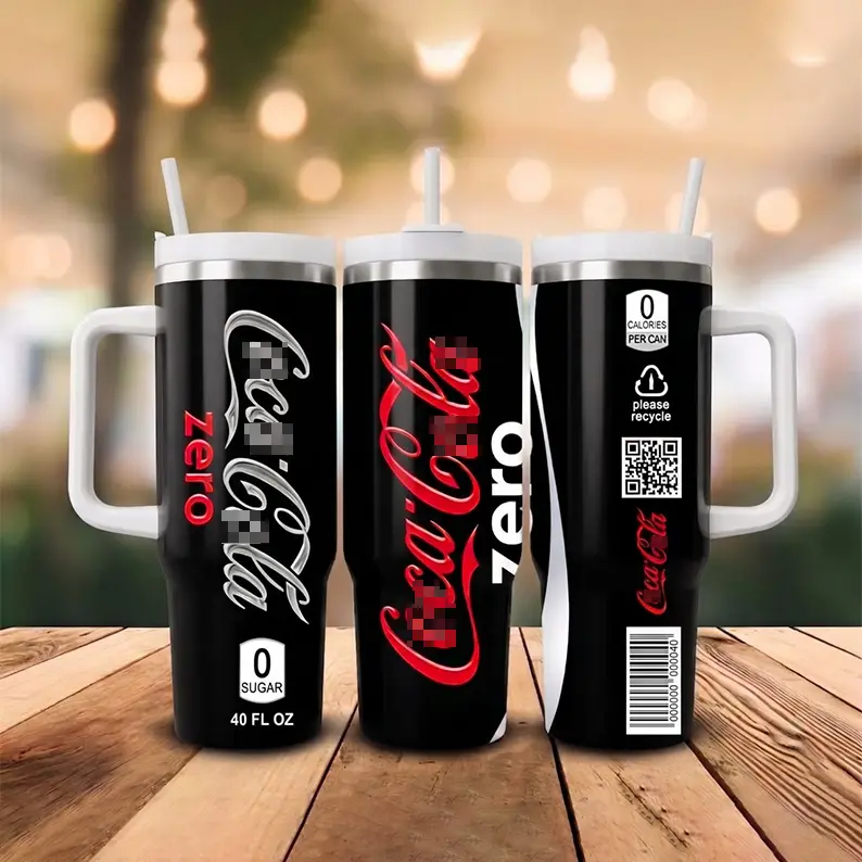Coca-cola Zero Sugar 0 Calories Per Can 40Oz Tumbler With Handle Straw, Black Red Classic Cola Soda Can Barcode Stainless Steel Insulated Travel Mug, Gift For People With Diabetes, Unique Aesthetic Water Bottle, Cool Gift Idea For Coke Lovers