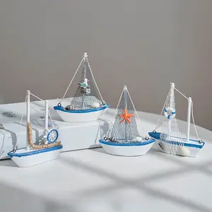4-piece Set of Mediterranean Style 14cm Small Boat Sailboat Model Handmade Creative Home Decoration Ornament