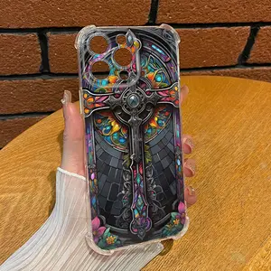 Stained Window Holy Cross Pattern Phone Case For iPhone16 Girls 15/14/13/12/11 Light Luxury Xs Bare Metal Feel Pro Ultra-thin Max Plus Silicone Soft Drop-proof Shockproof Protection Boys Screen Protector Case 30X-L0439