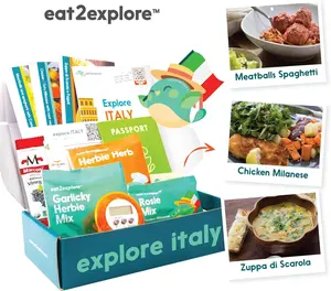 eat2explore - Italian Cooking Kit with 3 Recipe Cards, Spices & Real Tools - Kids Family Kitchen Activities - Educational Cooking Set - Builds Culinary Skills & Confidence