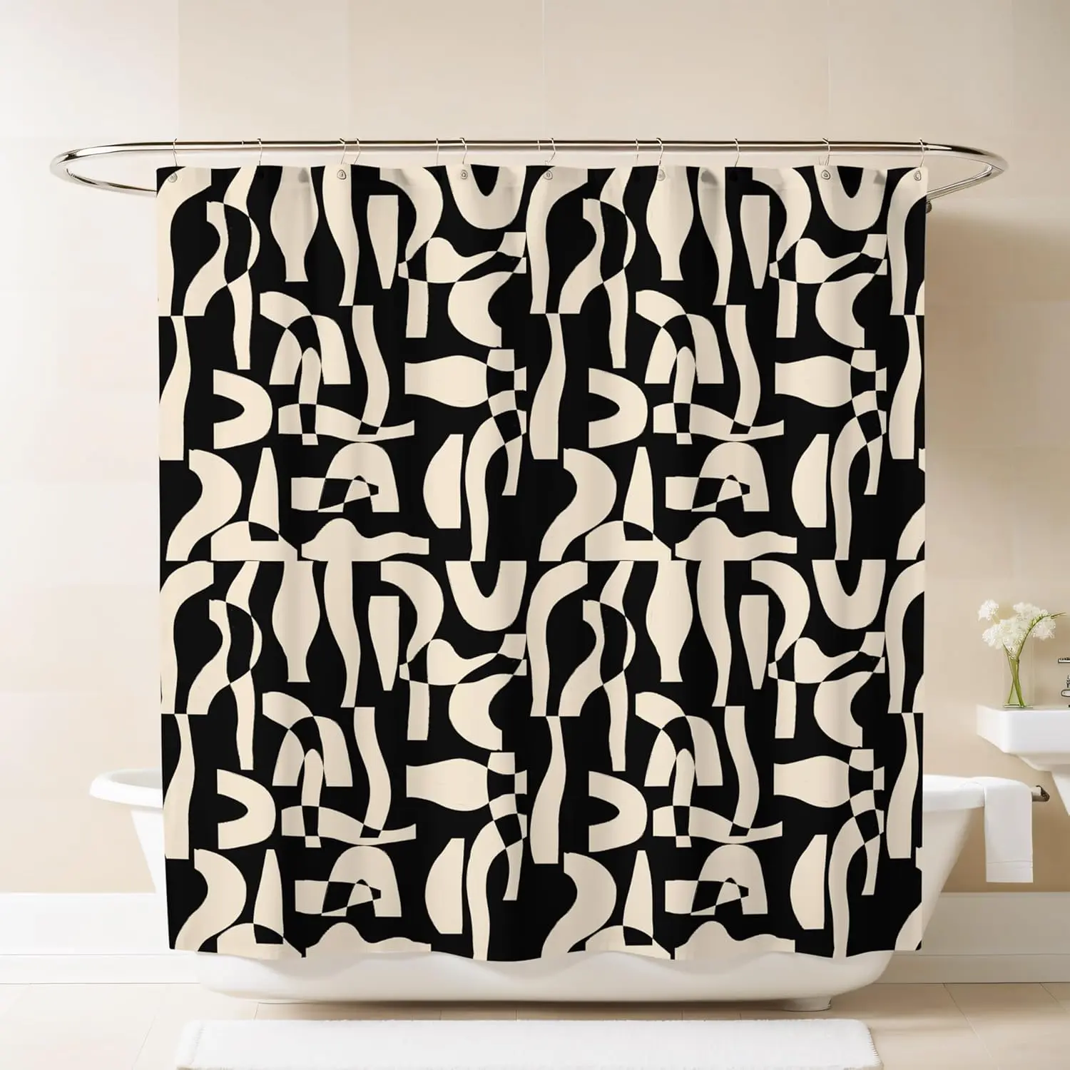 Modern Black and Ivory Geometric Pattern Print Shower Curtain - Abstract Minimalist Pattern - Neutral Design - Trendy Fabric Shower Curtain for Bathroom