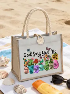 Christian Floral Canvas Tote Bag, Inspirational Bible Quotes, Multicolor Succulent and Butterfly Pattern, Reusable Shopping Bag, Durable Linen Tote