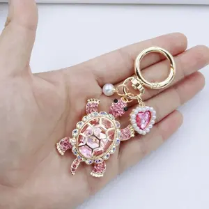 Fashionable Alloy Trendy Cute Rhinestone Ocean Turtle Keychain with Pearl Heart Charm, Unisex Marine Animal Bag Charm Key Ring, Outdoor Leisure Gift Accessory, Fashionable Alloy Keychain, Trendy Cute Keychain,summervibes
