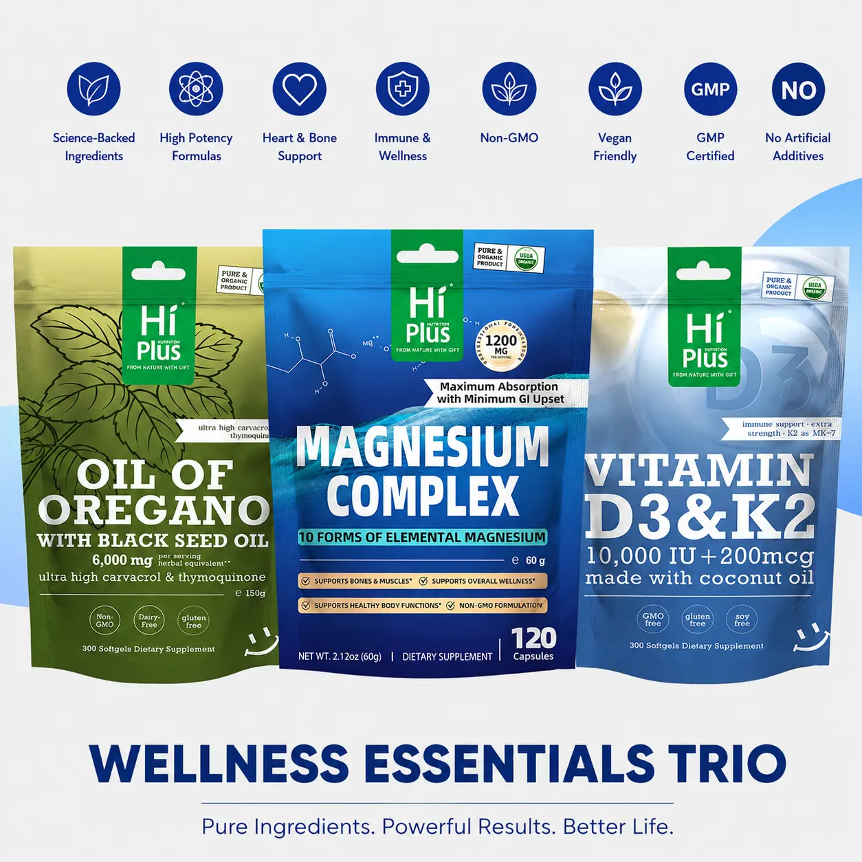 Wellness Essentials Trio- Magnesium Complex,Oil of Oregano with Black Seed Oil,Vitamin D3 & K2, To Address Bloating,Gluten-Free, Vegan, Non-GMO & Gelatin-Free