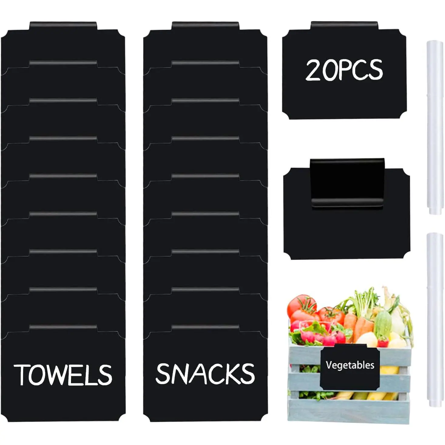 20 Basket Labels Clip On,  Labels for Storage Bins, Removable Chalk Labels for Containers, Kitchen Closet Baskets and Storage Basket Holders with 2 White Chalk Markers