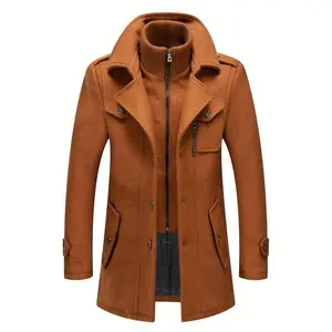 Men’s stand-collar wool blend pea coats with removable inner collar, single-breasted overcoats