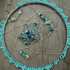 Turquoise Web Weaver Sun Catcher with Beaded Spider Design and Crystal Accents for Home Decor