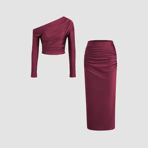 Cider [3 colors, size 2-10] Asymmetrical Neck Solid Long Sleeve Crop Top & Mid Rise Solid Ruched Maxi Skirt