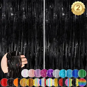 Black Fringe Curtain Party Streamers, 2 Pack, 3.3x8.3 Ft Foil Fringe Backdrop Curtains for Birthday, Wedding, Bridal Shower, Baby Shower, Halloween Decor