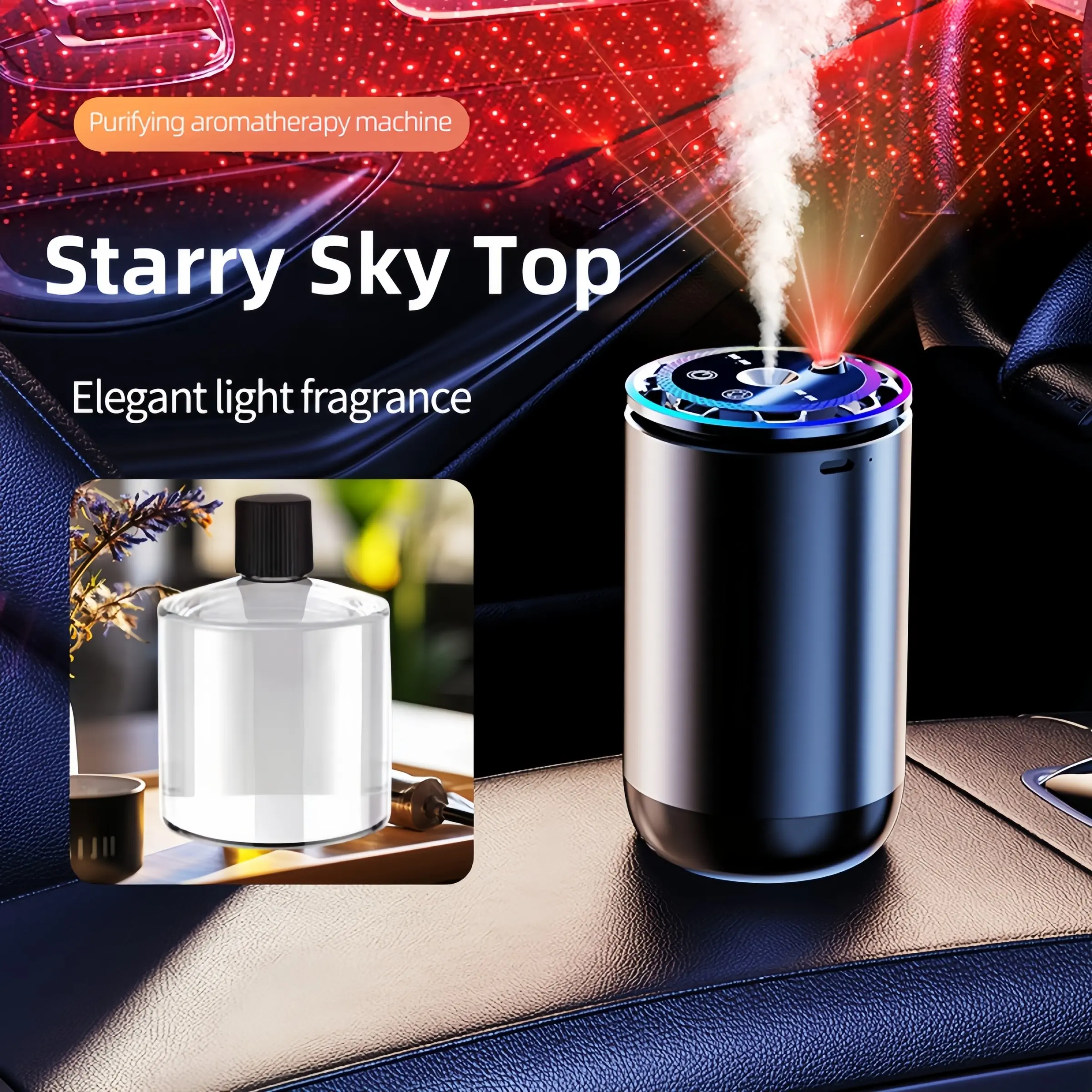 Household aroma diffuser, desktop humidifier, car aroma diffuser, starry sky roof and atmosphere lighting aroma diffuser, battery-powered, USB charging, with complimentary aroma essential oil, Aromatherapy Diffusers