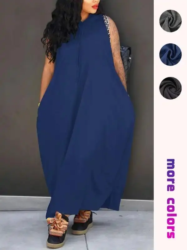 Women's Plain Drawstring Tank Dress, Casual Pocket Sleeveless Maxi Dress for Summer, Fashion Women's Clothing for Daily Wear, Hourglass Body in Baggy Clothes, Summer Dress