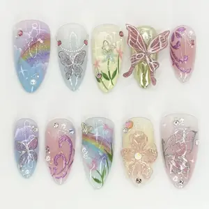 T78 Lynn Fairycore Butterfly Rainbow Press-On Nails, 3D Pearls & Floral Charms, Pastel Dreamy Art, Custom Handmade, Gift for Her