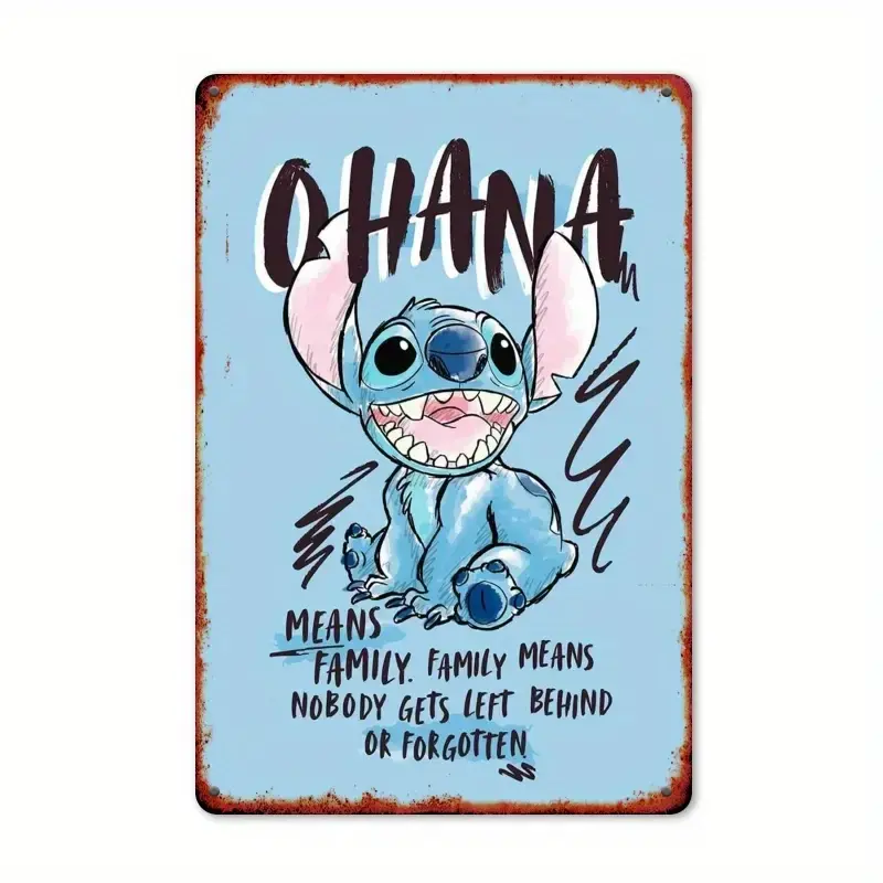 DISNEY CLASSIC Stitch Inspired "OHANA" Tin Sign, Family Themed Wall Art for Living Room, Kitchen, Study, Cafe Decor, Room Decor Decoration Rectangle Design