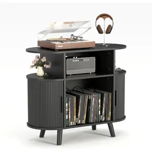 Home Modern Fluted Mid Century 35 in Turntable Cabinet, Large Round Record Player Stand with Charging Station and Display Shelf, Arched Wood Record Player Table for Living Room
