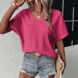 Bright Pink Textured Rolled Sleeve V Neck Tee