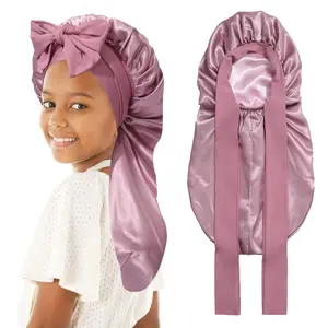 Kids Long Hair Bonnet for Sleeping Double Layer Girls Elastic Satin Bonnet with Tie Band for Braid Curly Hair Rose Gold Pink