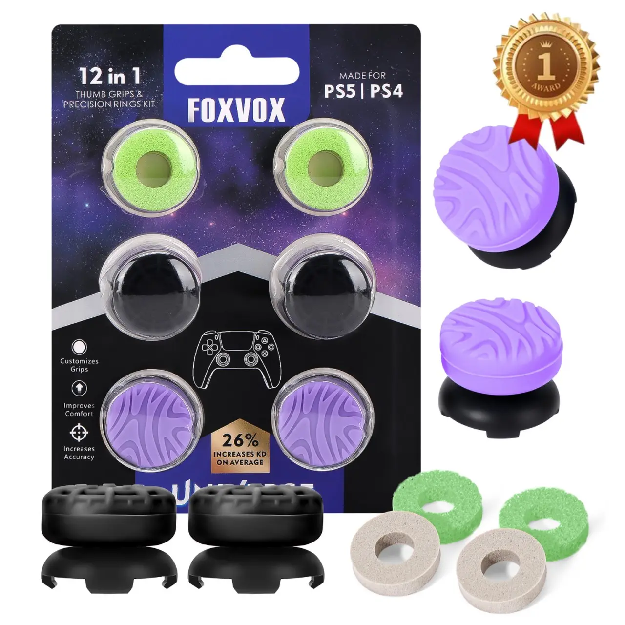 FOXVOX Professional Thumbsticks & Precision Rings Set, Compatible for Xbox X/Xbox S/PS4/PS5, 12-in-1 Set for Gaming Controllers, Increases KD 26% on Average
