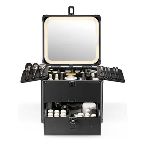 Makeup Box with Drawer and A Detachable Lighted Mirror,  Travel  Case,  Organizer and Makeup Suitcase with Adjustable Dividers,  LED Mirror (Black)