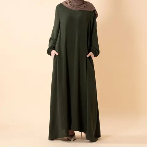 Women's Modest Opaque A-Line Solid Color Crepe Abaya Dress - Crew Neck, Long Sleeve, Loose Fit, Minimalist Maxi with Pockets, All-Seasons Islamic Apparel for Casual & Prayer Wear