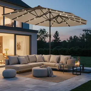 EROmmY 15x9ft Patio Umbrella - Patio Parasol with Outdoor Fabric, Sand-Filled Base, Solar Illuminated LED Lights, Sun Protection, Double-Sided Canopy, Crank Operation, Ideal for Garden, Poolside, Outdoor Fabric Parasols