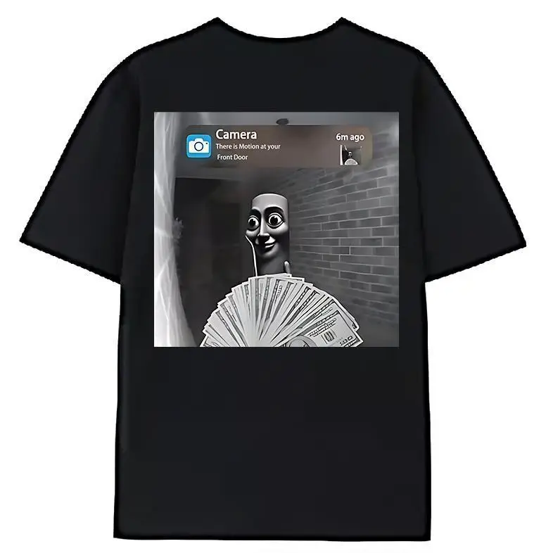 Men's Soft Short-Sleeve Graphic Print T-Shirt - Black, Casual Loose Round Neck, Fun Meme Front Tung Sahur Motion Design, Money & Brick Wall Art, Meme-Ready Tee for Festive Roleplay & Casual Attire, Menswear Tops