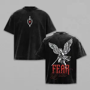 Men's Fear Not Archangel Christian Vintage Washed Oversized Shortleeve T-Shirt - Heavy Cotton Faith Warrior Graphic, Angel Sword Cross Streetwear, Unisex Christian Clothing, Biblical Strength Crewneck Casual Top for Believers, Shortsleeve