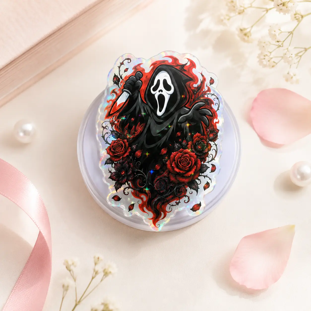 Holographic Spooky Character Phone Grip, Aesthetic Horror Style Phone Holder, Glitter Stand