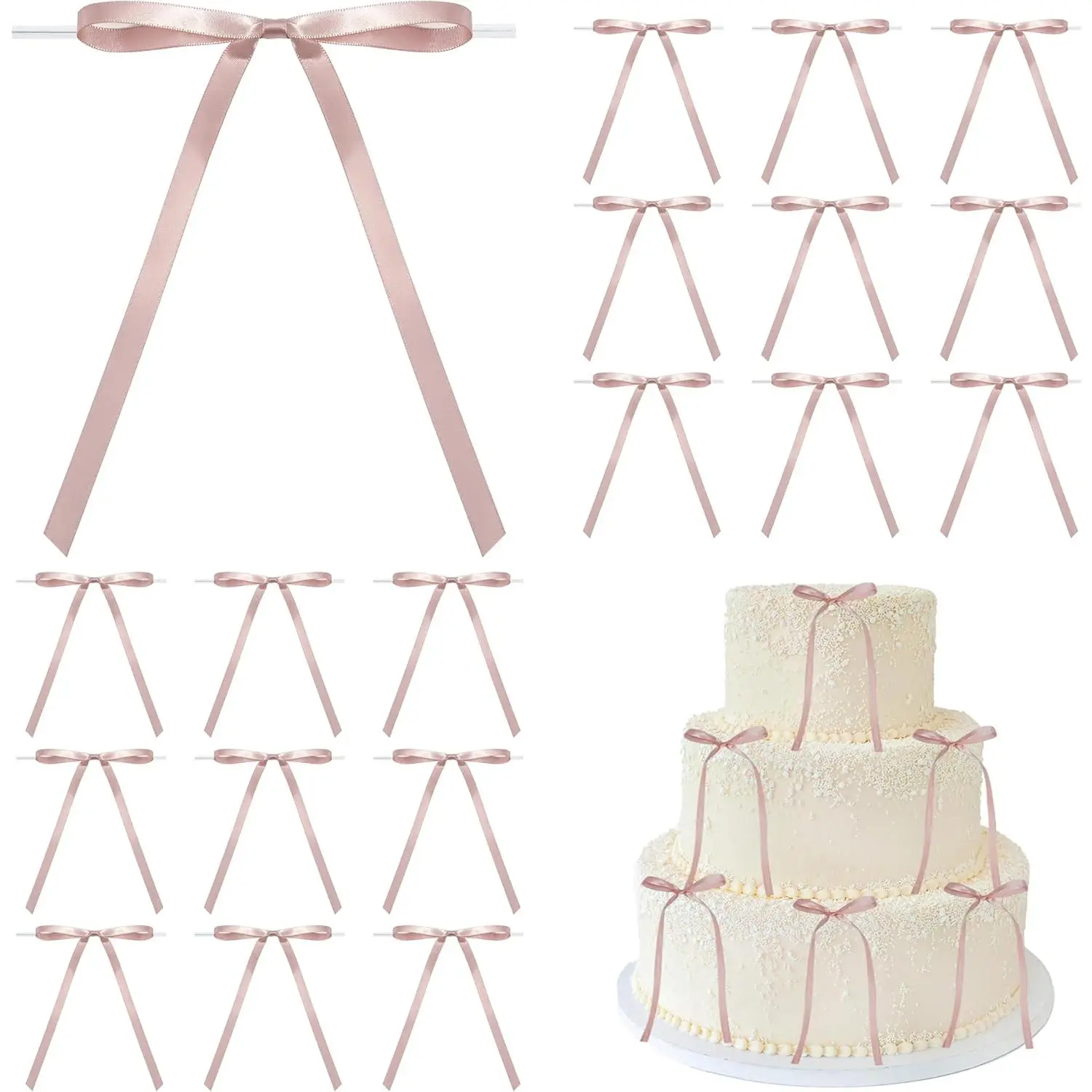 Pre-Tied Small Dusty Rose  Bows for Cake 5 x 7 Inch, Dusty Pink Satin Ribbon Bows with Twist Tie for Birthday Party Decorations, Balloon, Crafts, Wedding,  Shower (50 Pack)