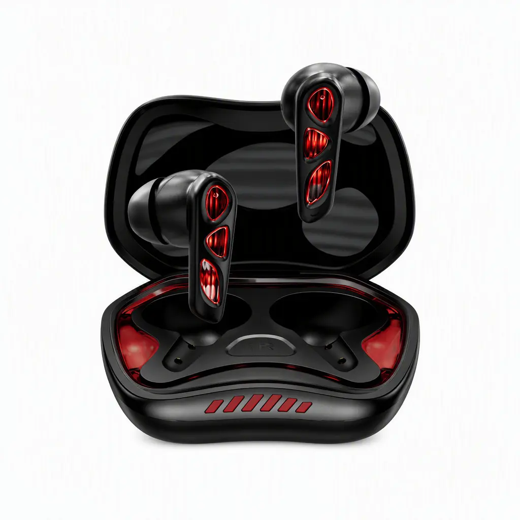 YX36-B TechBrand Wireless Earbuds with Red LED Indicators in Sleek Black Case for Enhanced Audio Experience