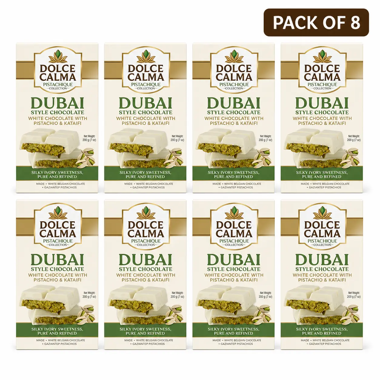 Dolce Calma White Dubai Chocolate Bar Ships With Two Ice Gel Packs (200g / 7oz) – Authentic Handmade Belgian Chocolate with Turkish Pistachio & Crispy Kataifi, Kunafa Filling, No Palm Oil - Pack of 8