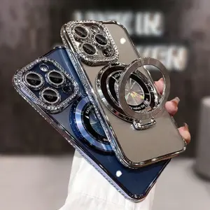 Bling Glitter Ring Bracket Magnetic Plating Phone Case For IPhone 11 12 13 14 15 16 Pro Max  Kickstand Shockproof Soft Back Cove Cover Accessories Protection
