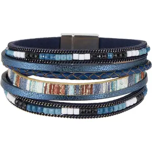 Leather Bracelets for Women Trendy Boho Cuff Bracelet Layered Bangle with Clasp Hand Wrist Jewelry Western