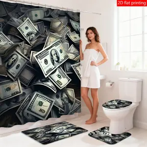 1PC/4PCS Pile of US Dollar Bills Waterproof Fabric Shower Curtain Set with 12 Hooks, Bathroom Decoration Accessories, Non-slip Bathroom Rug, U-shaped Toilet Mat, Toilet Lid Mat, Holiday Decoration