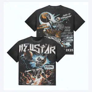 Heustar Skeleton Basketball Vintage Washed Tee - Streatwear Graphic T-Shirt