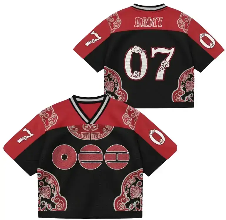 Hanbok Kpop Football Jersey ARMY 07 | Boxy Red Black Mesh Concert Shirt, Traditional Korean Streetwear, World Tour Fan Gift