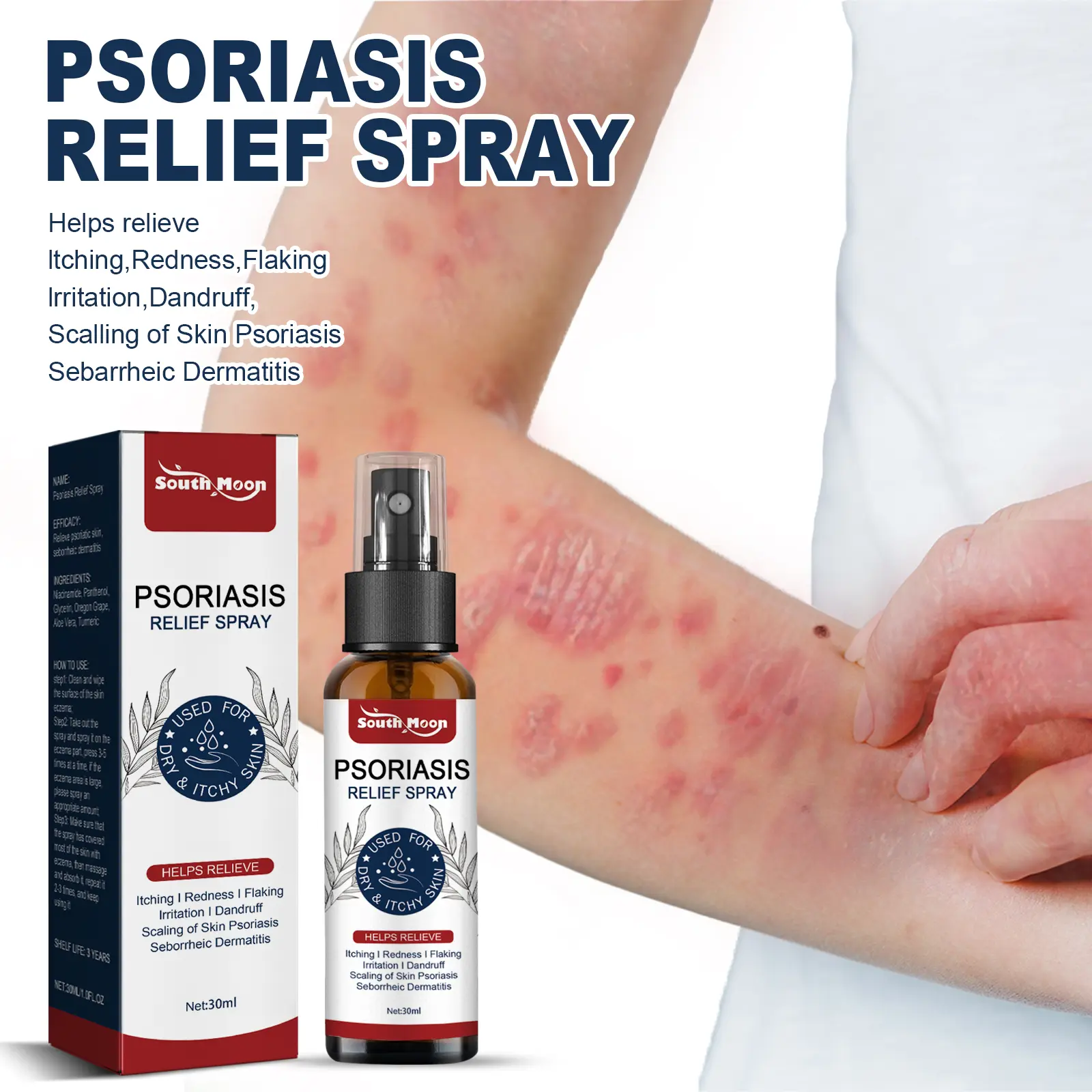 South Moon Psoriasis Relief Spray - Relieves Itching Redness Flaking Irritation Dandruff & Seborrheic Dermatitis - Daily Hand & Foot Moisturizing Care