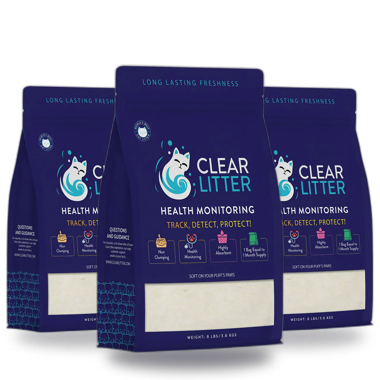 Clear Litter Health Monitoring Crystal Cat Litter 3-Pack (3-Month Supply) — Color-Changing pH Health Indicator, Odor Control Dust-Free Silica Gel, 3 x 8 lb Bags (24 lb Total)