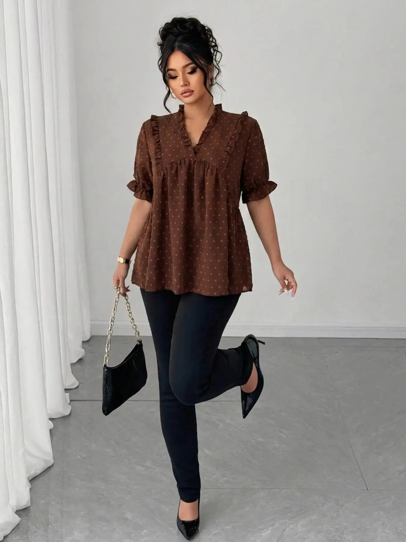 Women's V-Neck Ruffle Hem Blouse Loose-Fit Casual Summer Trendy 2026