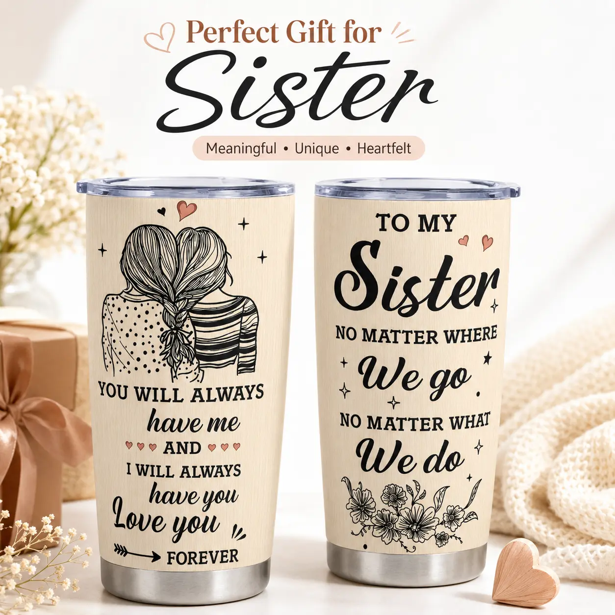 20oz Sister Tumbler with Lid, To My Sister Quote Insulated Stainless Steel Travel Cup, English or Spanish Design, Sentimental Birthday Christmas Graduation Gift for Sister, Soul Sister or Best Friend