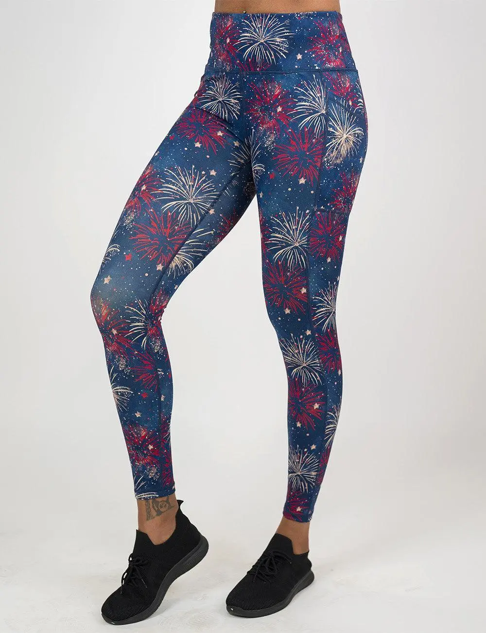 C V G Grand Finale Women's Patriotic Fireworks Traditional Patterned Leggings - Squat-Proof Polyester Spandex Fabric, Compression, Pockets, Athletic Fitted Workout Bottoms