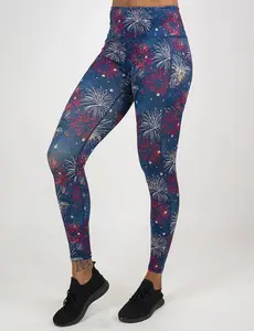 C V G Grand Finale Women's Patriotic Fireworks Traditional Patterned Leggings - Squat-Proof Polyester Spandex Fabric, Compression, Pockets, Athletic Fitted Workout Bottoms