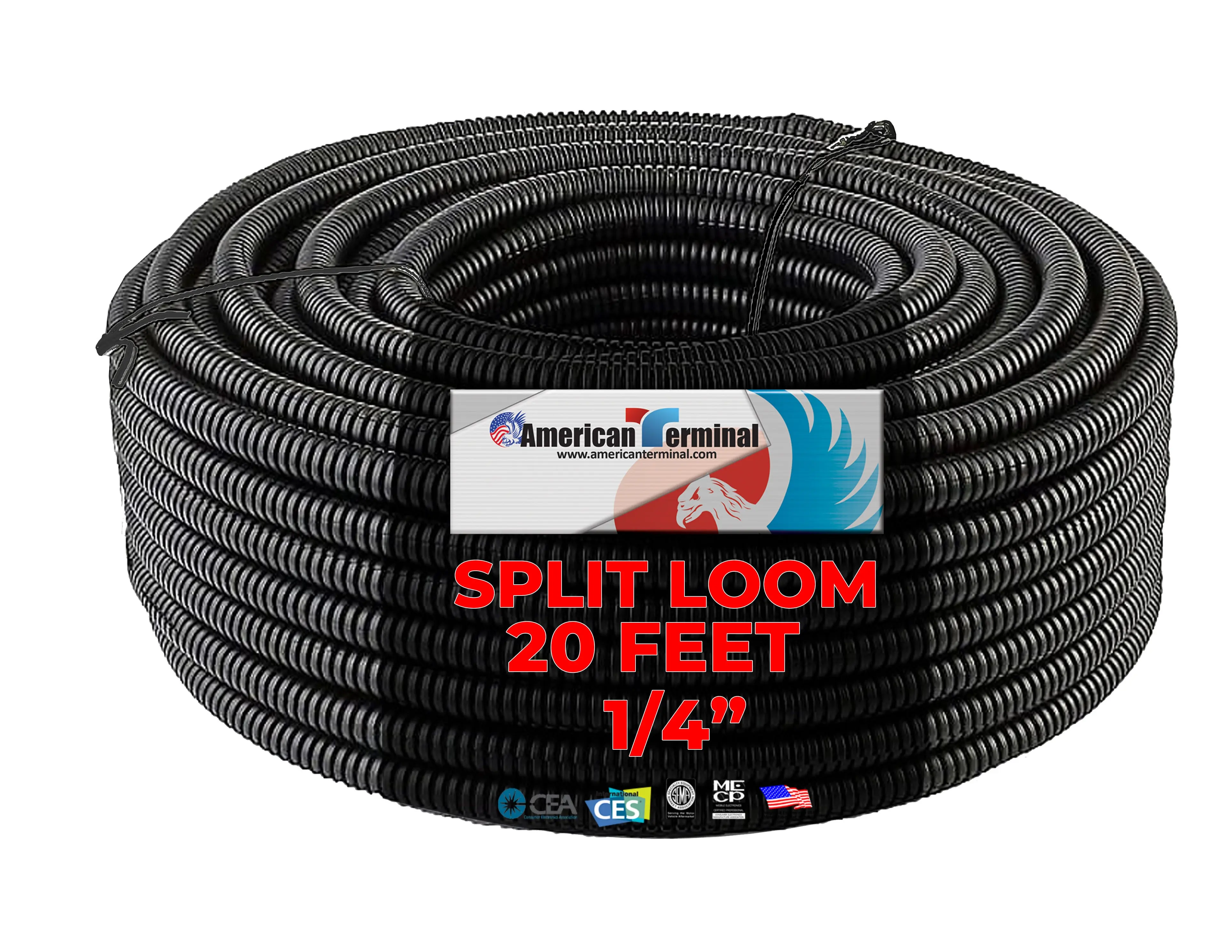 American Terminal 20 Ft 1/4" Split Wire Loom Conduit Polyethylene Tubing Black Color Sleeve Tube