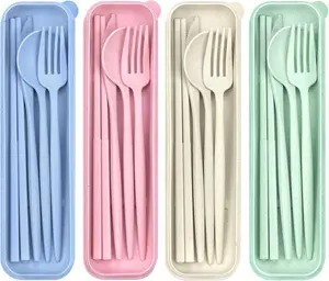 4 Sets Travel Utensils with Case, Cutlery Set Chopsticks Fork Spoon  with Case,  Plastic Utensils Sets for Lunch Box Accessories,Portable Lunch Box Utensils Set for Daily Use