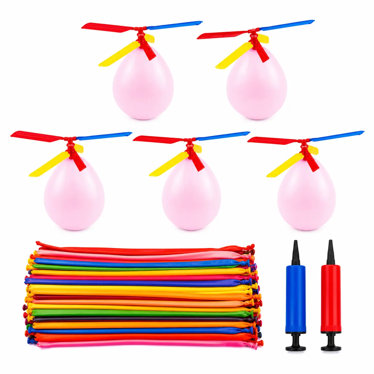105-Piece Balloon Helicopter & Rocket Balloon Set, 5 Red Flying Spinner Toys, 100 Whistling Rocket Balloons, 2 Hand Pumps, Outdoor Party & Backyard Play Kit