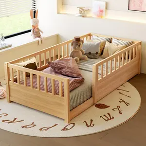 AURNIENOFUS Twin Size Montessori Toddler Floor Bed, Rectangular Low-Profile Solid Wood Bed Frame with 21.45-in Safety Rails, Slats, Kids Furniture Bedroom Piece